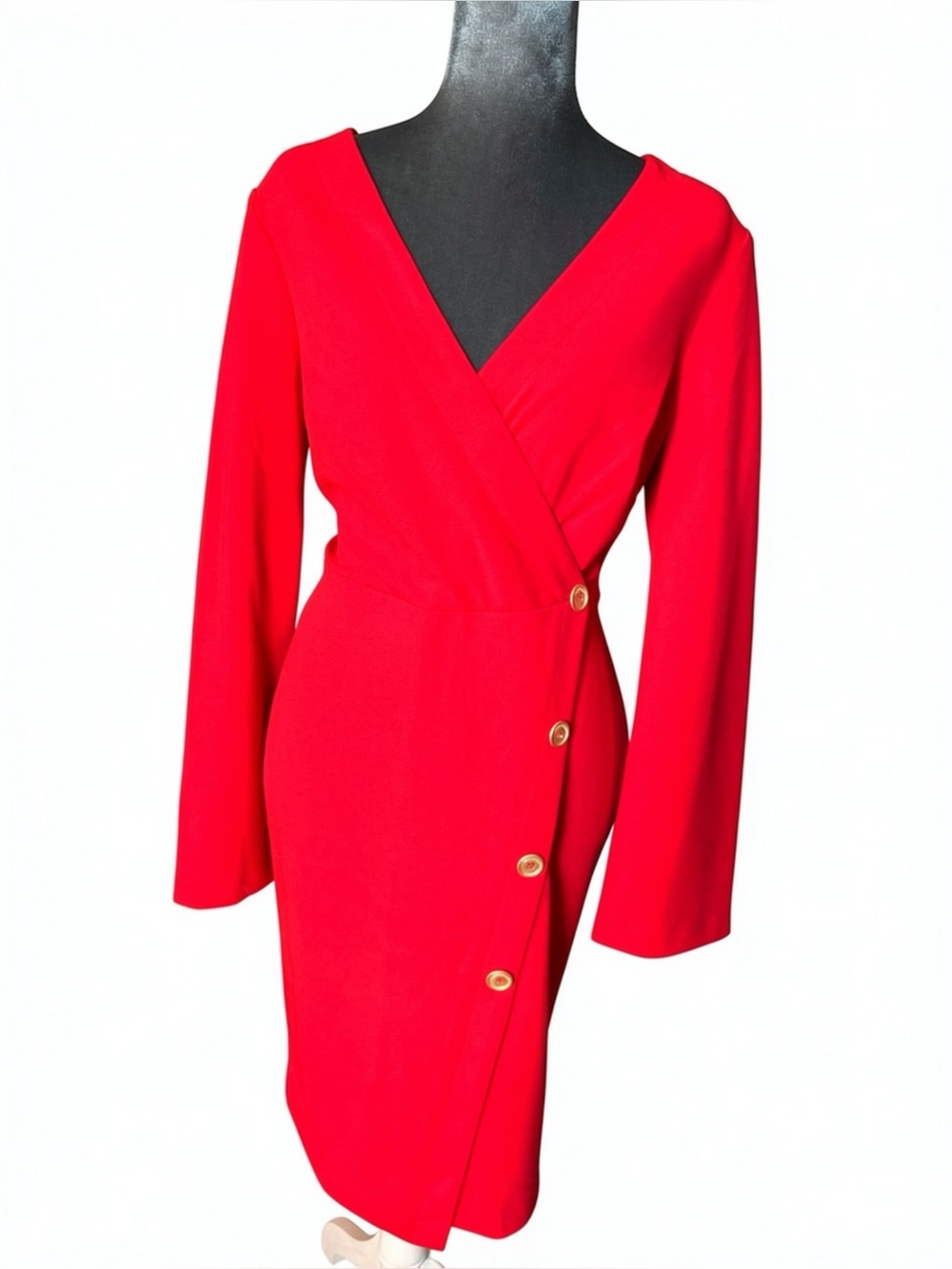 Donna Karan NY Red Faux Wrap Midi Dress Beige Buttons NWOT 8